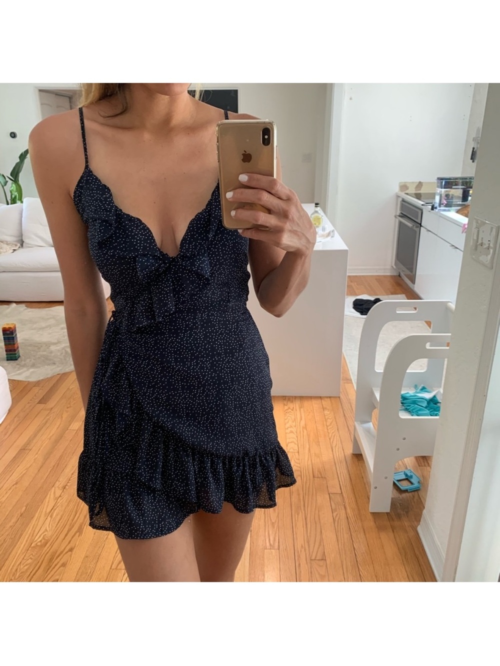 Windsor Navy Polka Dot Ruffle Slip Mini Dress